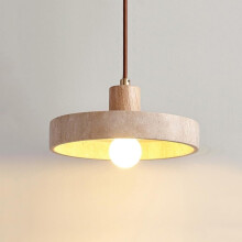 Yellow Travertine Pendant Light with Dome Shade, Adjustable Height, Natural Stone and Wood for Dining Room or Kitchen Island