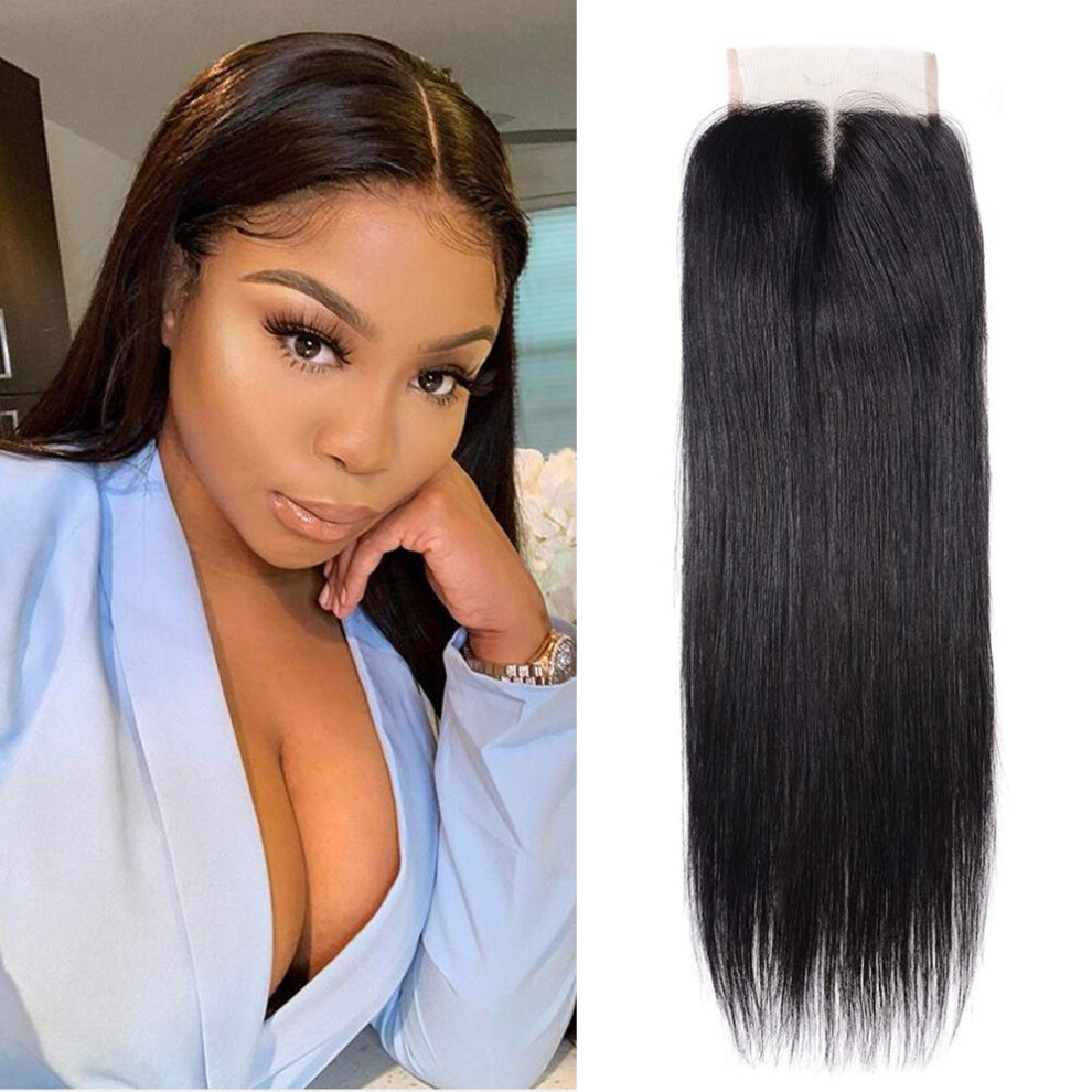 Brazilian Virgin Hair Closure 4x4 Middle Part Straight Human Hair 20 Inch 130% Density Natural Black