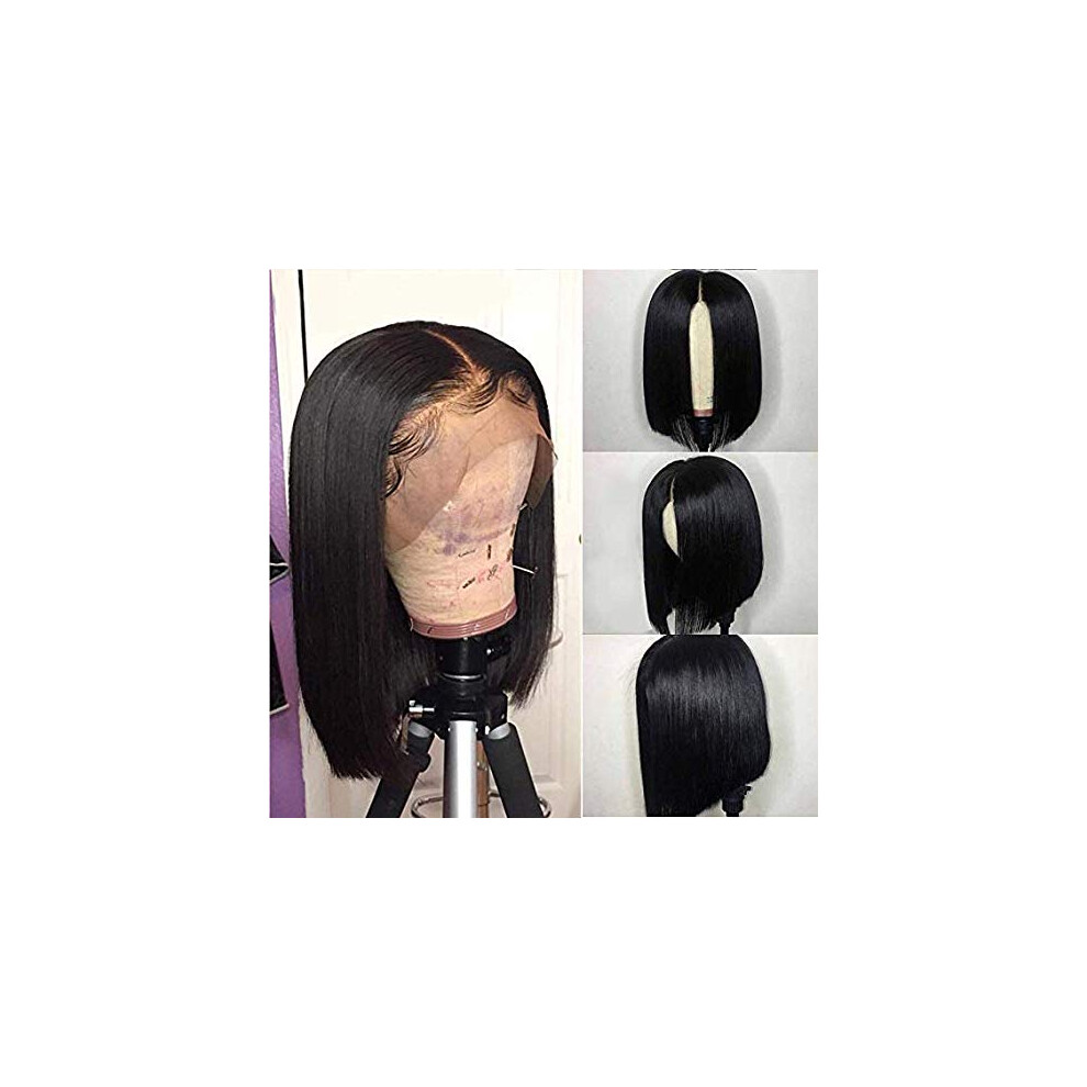 Unisex Black Human Hair Lace Front Wig Glueless Pre Plucked Brazilian Virgin Hair Short Bob 150 Density 10Inch Natural