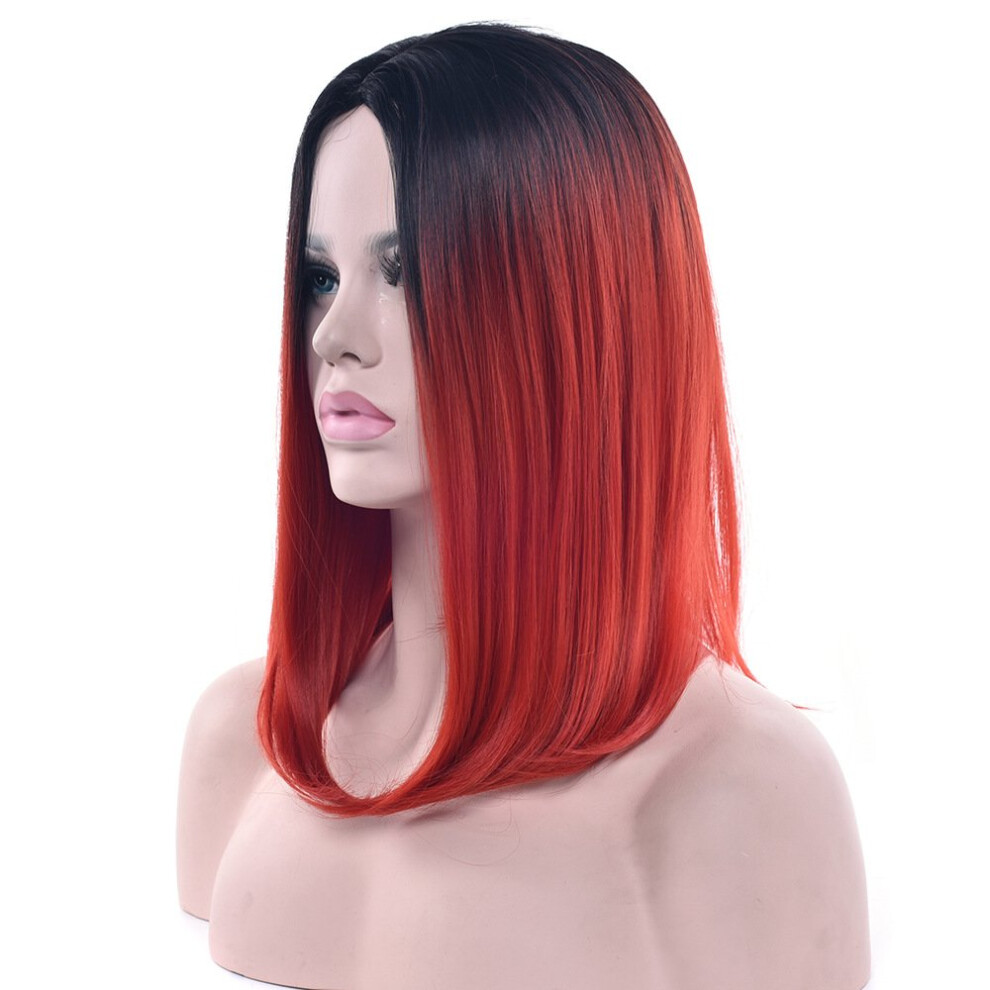 Unisex Red Synthetic Long Straight Wig With Natural Hairlike Texture, Gradient Color, Heat Resistant