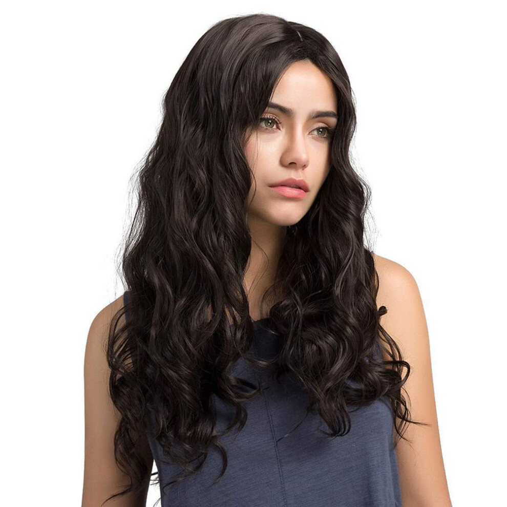Unisex Black Long Wavy Curly Synthetic Hair Wig For Women Middle Part Natural Look Adjustable Fit