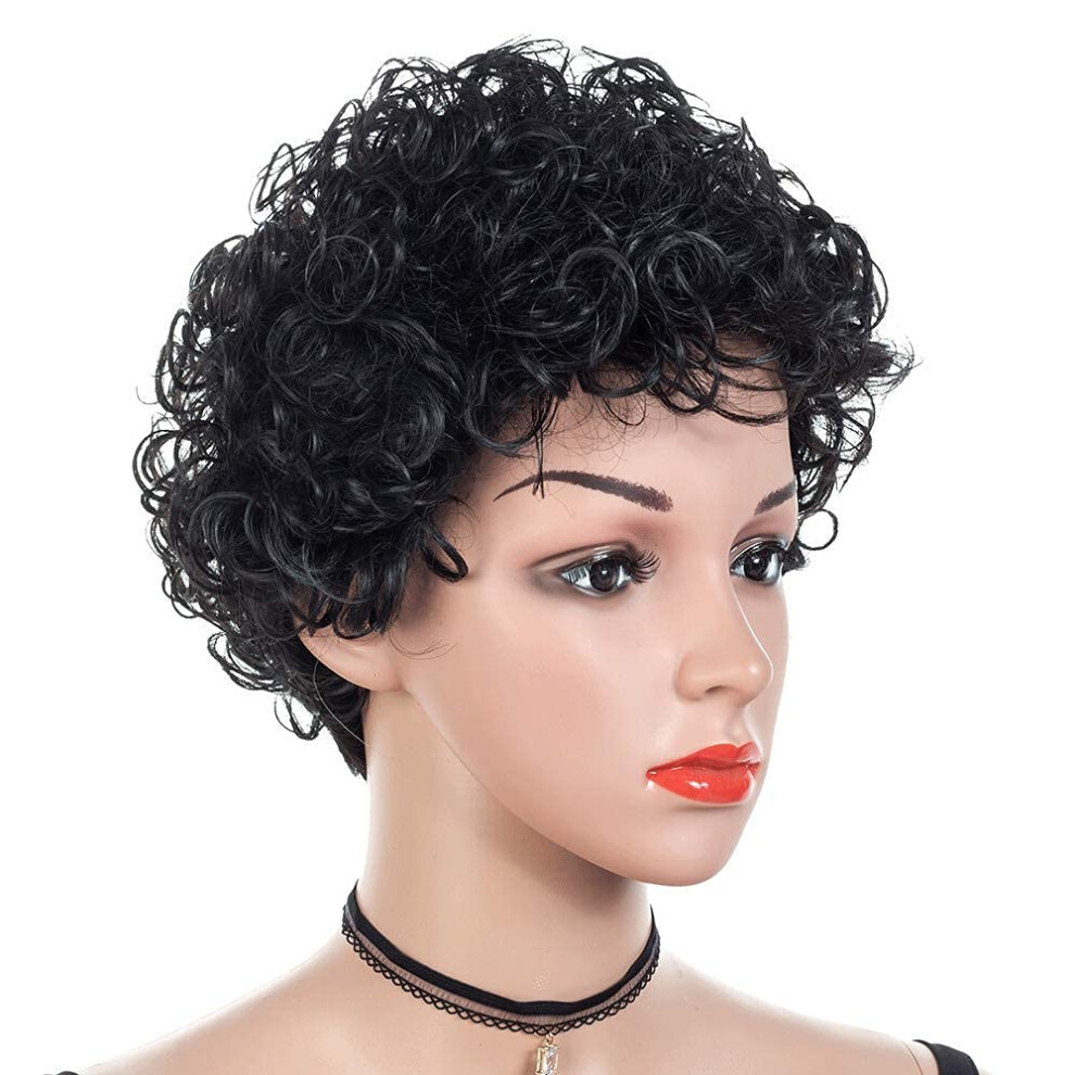 Unisex Black Afro Wig Pixie Cut Synthetic Short Curly Wig For Women With Cap, Reusable And Washable