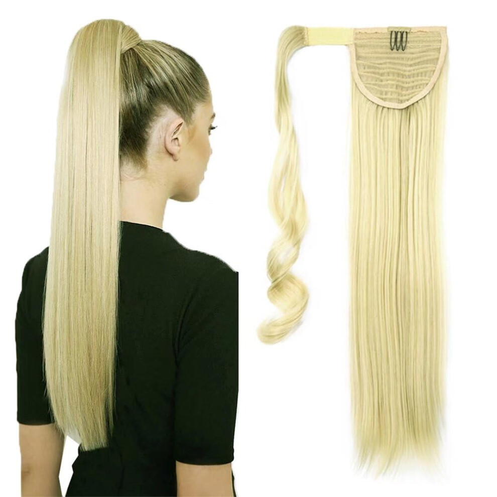 Unisex 613 Bleach Blonde Wrap Around Ponytail Hair Extension 24 Inch Straight Synthetic Heat Resistant