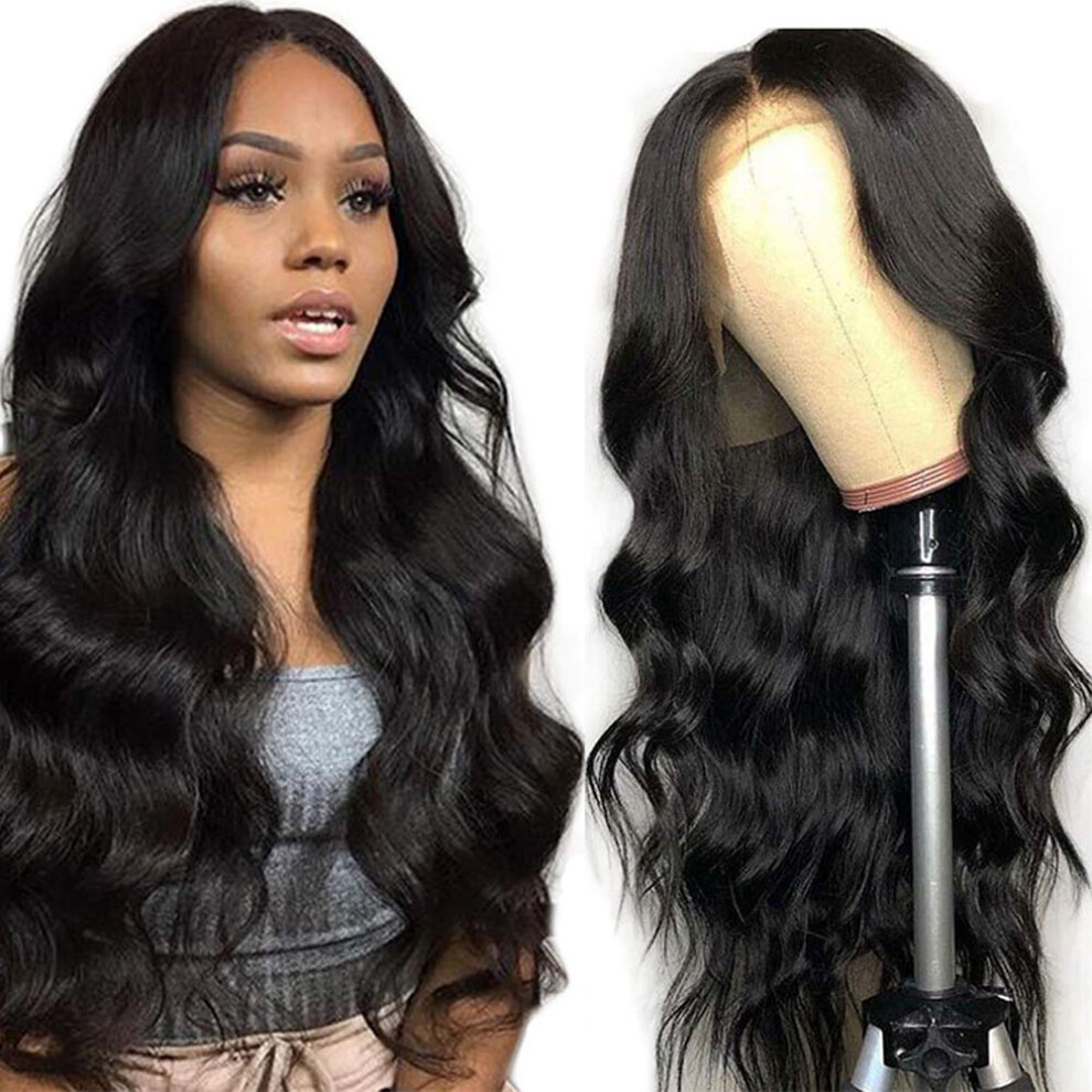Unisex 28 Inch Brazilian Body Wave Human Hair Lace Front Wig, Glueless Preplucked 150% Density