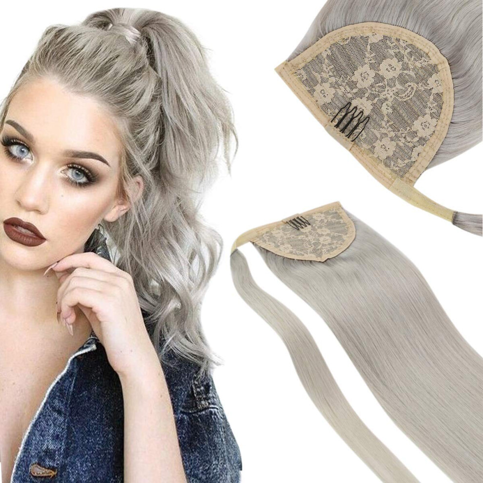 Unisex Grey 16 Inch Human Hair Ponytail Extension, Wrap Around Clip In Hairpiece, Remy 80G