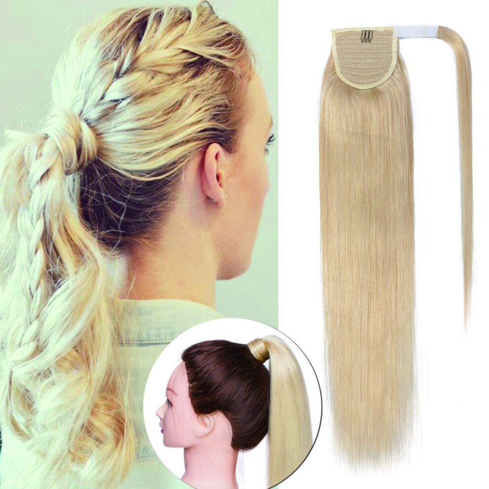 Unisex Ponytail Hair Extensions Human Hair Wrap Around Remy 16 Inch Straight #613 Bleach Blonde