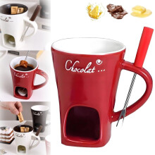 Chocolate Fondue Set Ceramic Mug with Forks Keeps Chocolate Melted for Date Night Gift Red