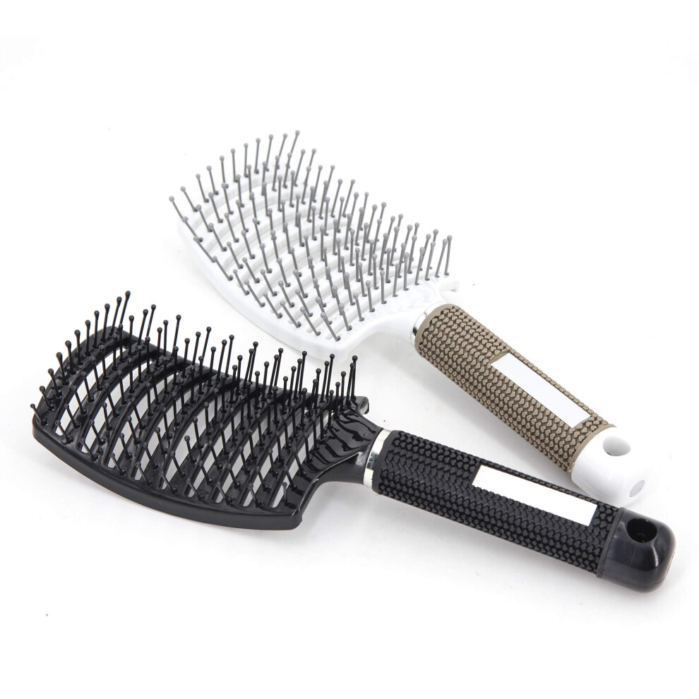 Black/White Curved Vented Detangling Hair Brush Set For Thick Curly Wet And Dry Hair, Fast Blow Drying With Scalp Massage