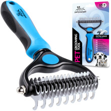 Dog Grooming Brush DoubleSided Undercoat Rake for Cats, Dematting Tool with NonSlip Grip, Blue