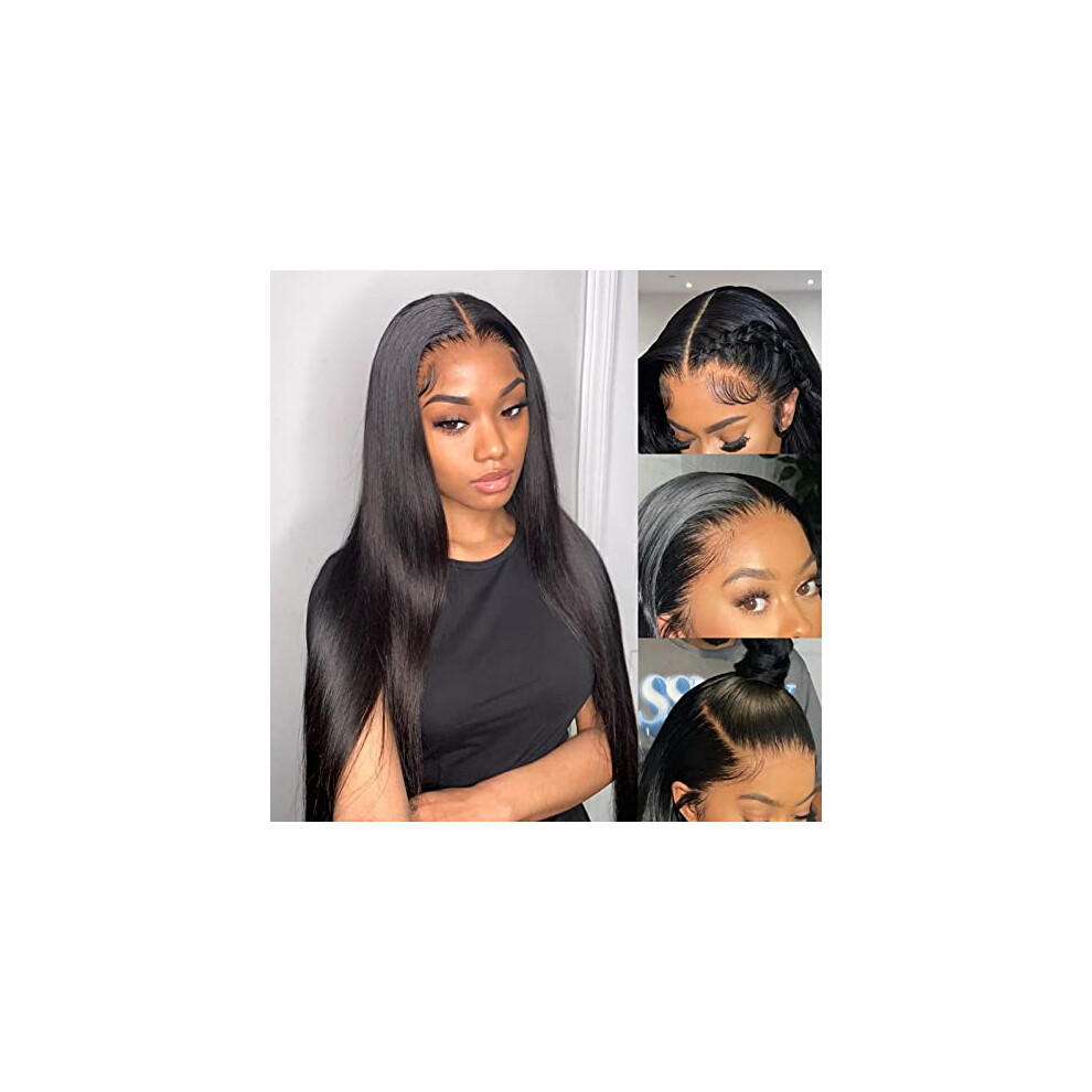 Unisex Hd Lace Front Human Hair Wig Straight Brazilian Virgin Hair Pre Plucked Bleached Knots 180% Density