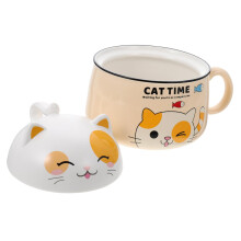 Single Handle Ceramic Ramen Bowl with Cartoon Cat Design for Soup Rice and Pasta