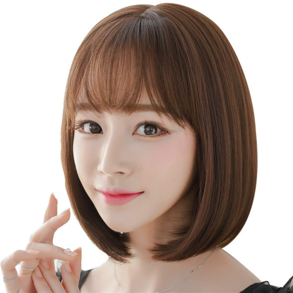 Unisex Brown 43Cm Caramel Synthetic Wig With Bangs, Heatresistant Fringe Hair Piece For Instant Hairline Makeover