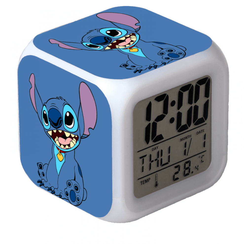 Hanntaoo Digital Alarm Clock For Kids, Cartoon Stitch 7 Color Led Wake Up With Thermometer & Night Gift For Boys Girls Light