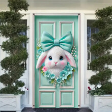 YMARPT Happy Easter Door Cover, Fabric Easter Bunny Door Cover, Cute Bunny Carrot Photography Backdrop, Colorful Easter Rabbit Egg Door Banner for