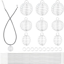 24pcs Iron Crystal Holder Necklace Kit Spiral Stone Tumbled Rock Bead Cage with 24pcs 17" Waxed Cotton Necklace Cord 50pcs Jump Rings