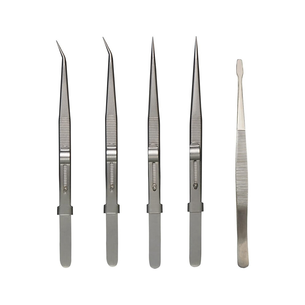 Silver 5Pcs Precision Tweezers Set - Anti Static Stainless Steel