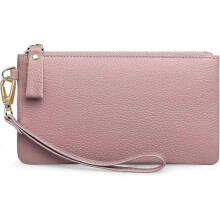Women's Wristlet Bag, RFID Blocking Clutch Bags for Women, Genuine Leather Handbags for Women with Wrist Strap and Zipper Coin Pocket Dark Pink