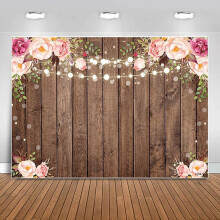 Custom 7x5ft Rustic Wood Floral Backdrop compatible with newborn, baby shower, wedding, birthday photoshoots – pink flowers, retro wooden floor