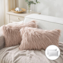 Luxury Mongolian Fluffy Faux Fur Series Square Decorative Throw Pillow Cusion for Couch, 12" x 20", Beige, 2 Pack