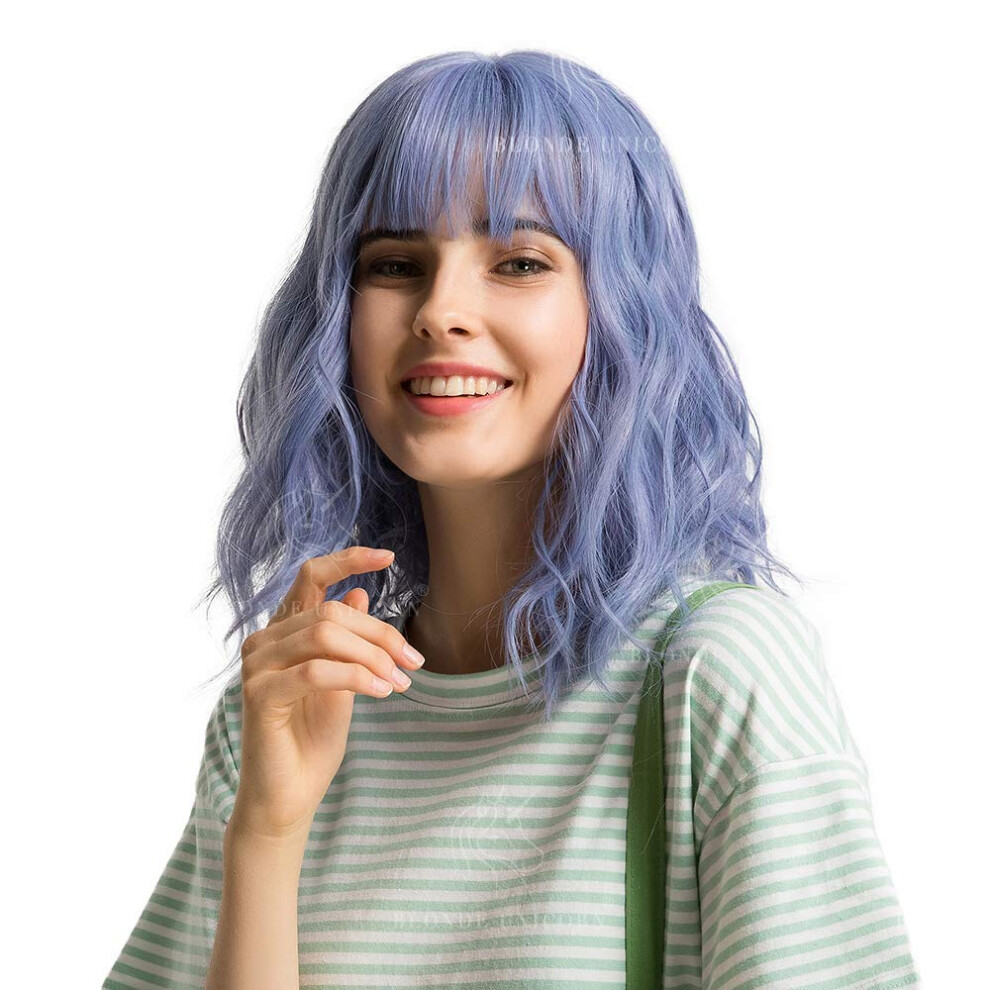 Blue Curly Bob Wig Synthetic Shoulder Length Low Maintenance Curls for Cosplay and Daily Wear