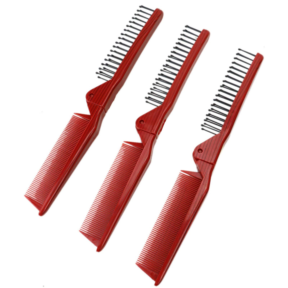 Set of 3 Folding Travel Hair Brushes with Dual Toothed Comb and AntiStatic Styling