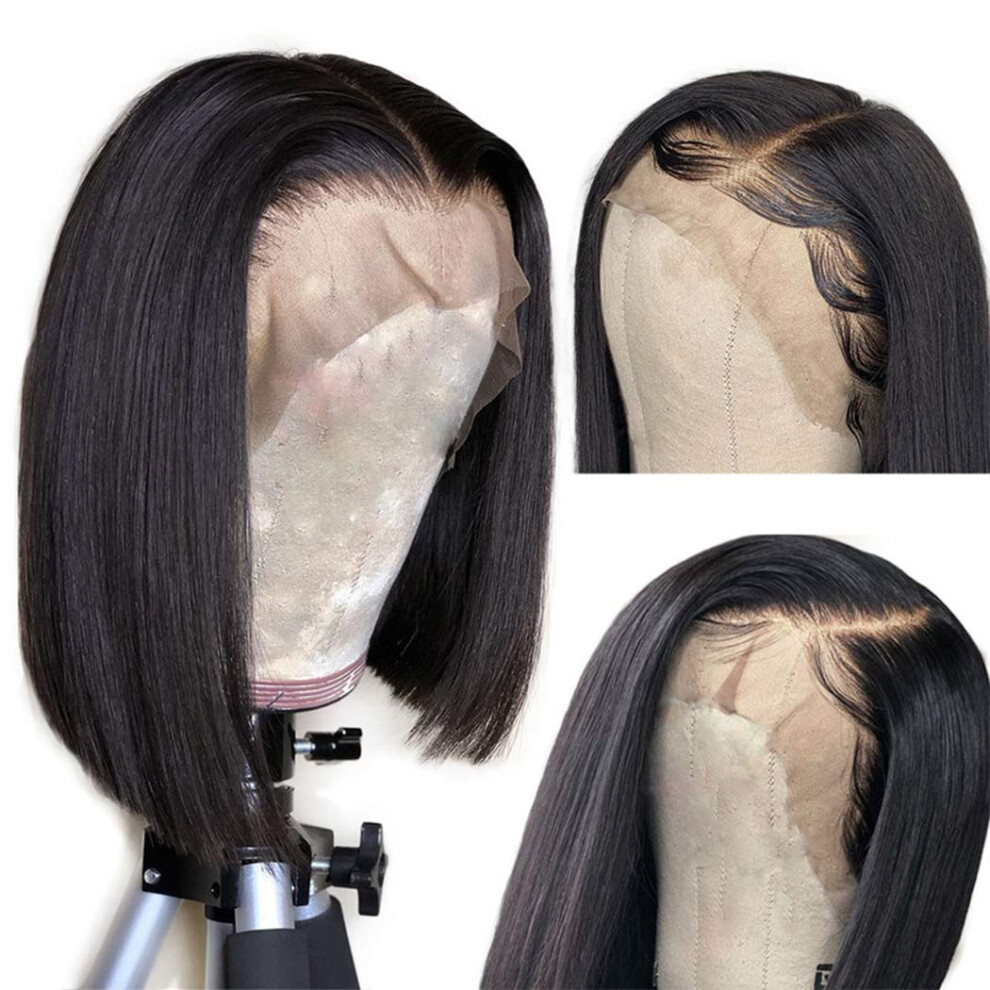 Unisex 13X6 Lace Front Virgin Human Hair Wig 150% Density Straight Pre Plucked Natural Hairline 10Inch