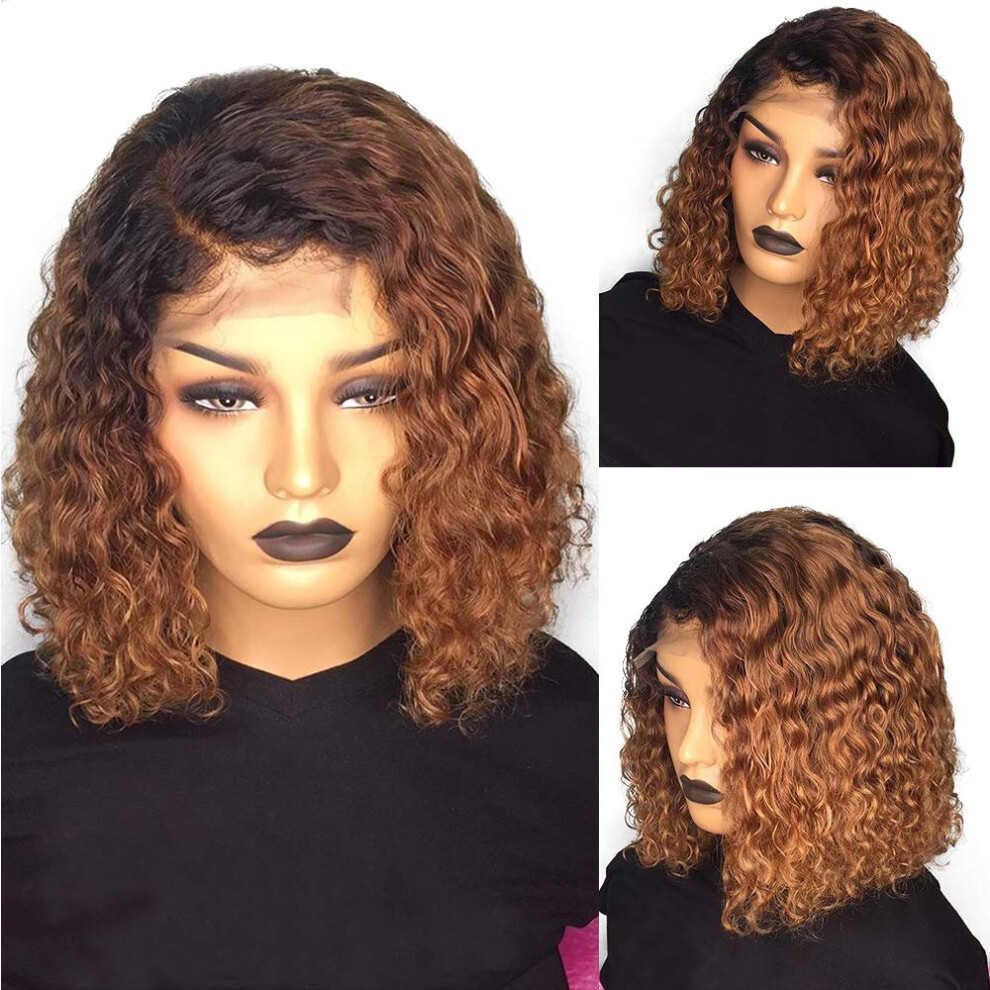 Unisex Black 13X6 Lace Front Human Hair Wig Ombre Honey Blonde Curly Bob For Women 10Inch
