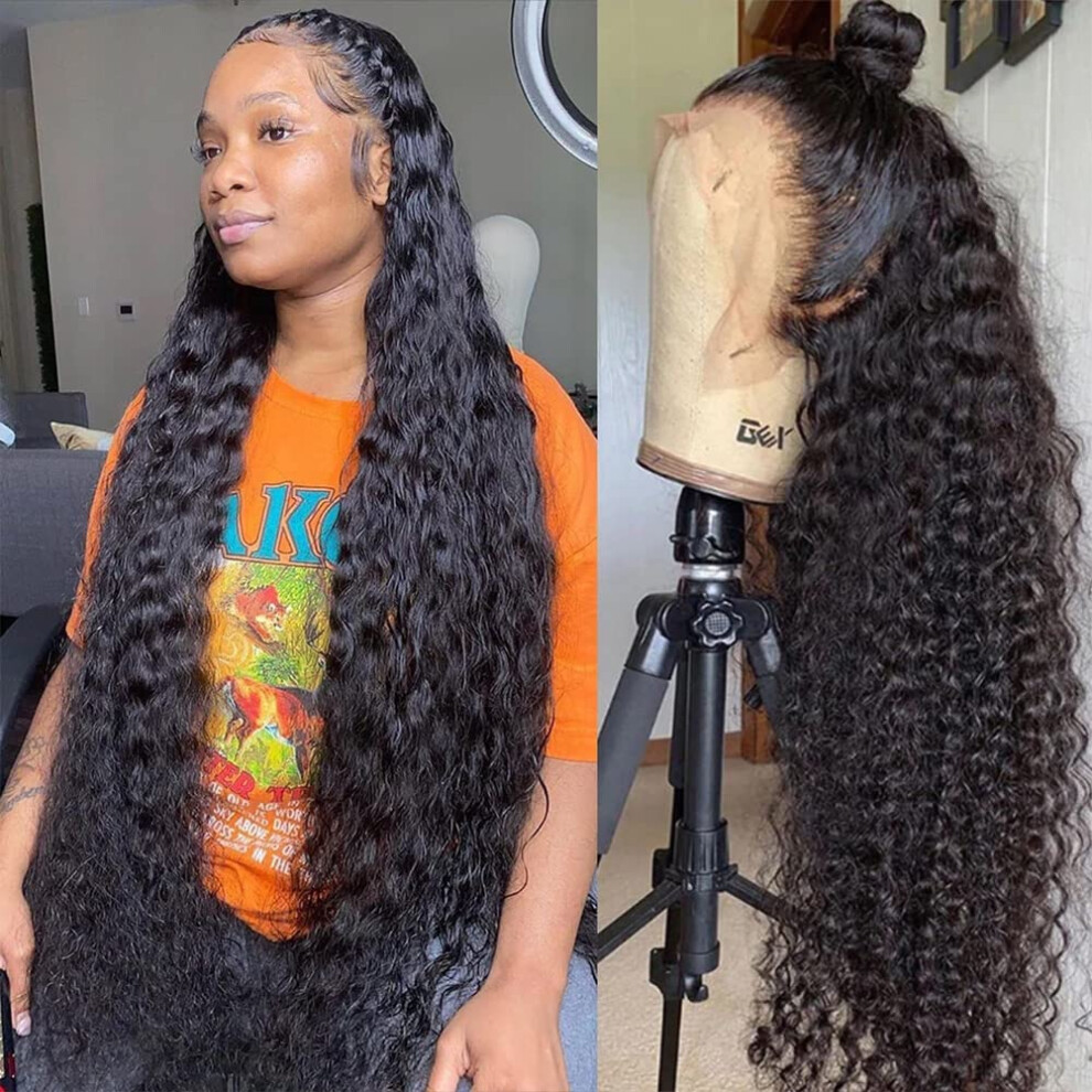 Unisex 20 Inch Deep Wave Human Hair Lace Front Wig Preplucked Glueless Brazilian Virgin Wigs