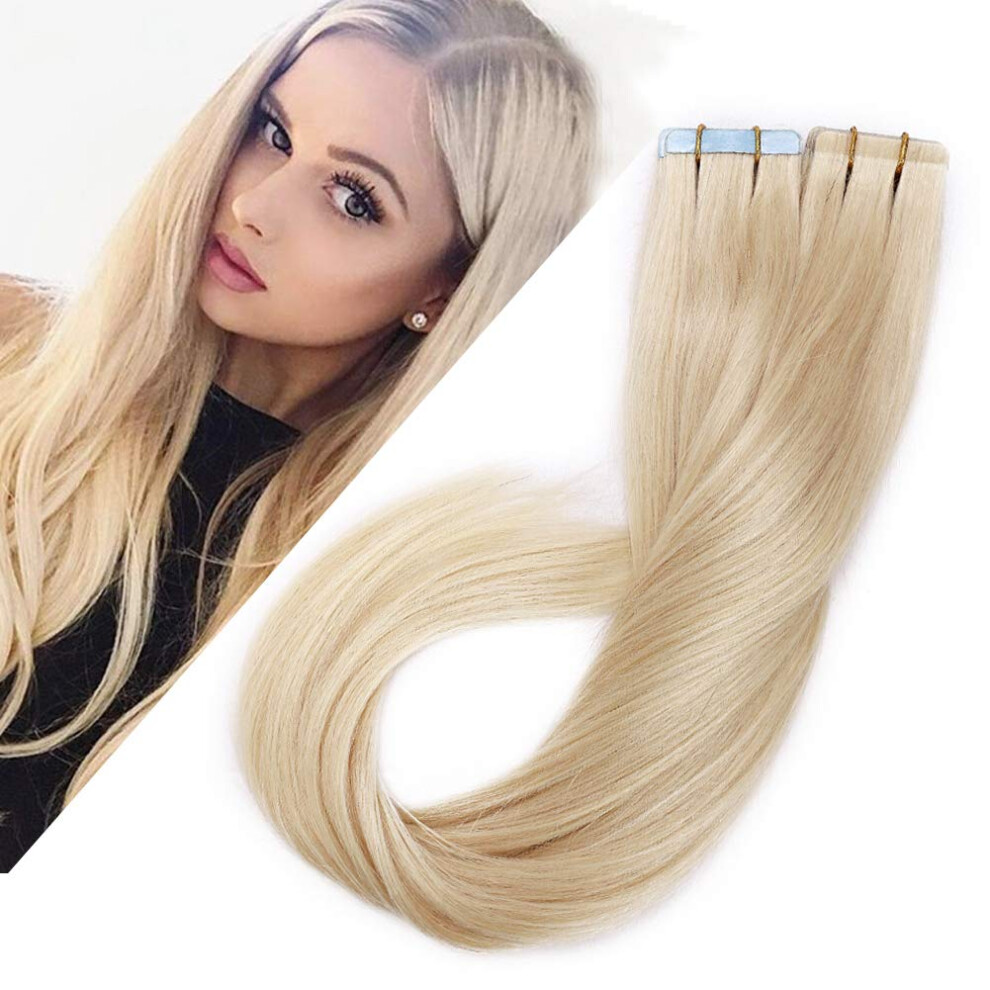 Unisex Silver 20 Inch Platinum Blonde Tape In Hair Extensions Remy Human Hair Skin Weft Invisible Rooted Blend 20Pcs