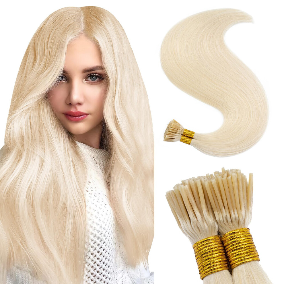 Unisex Silver I Tip Human Hair Extensions Platinum Blonde 22 Inch Natural Remy Strong Keratin Bond 100 Strands
