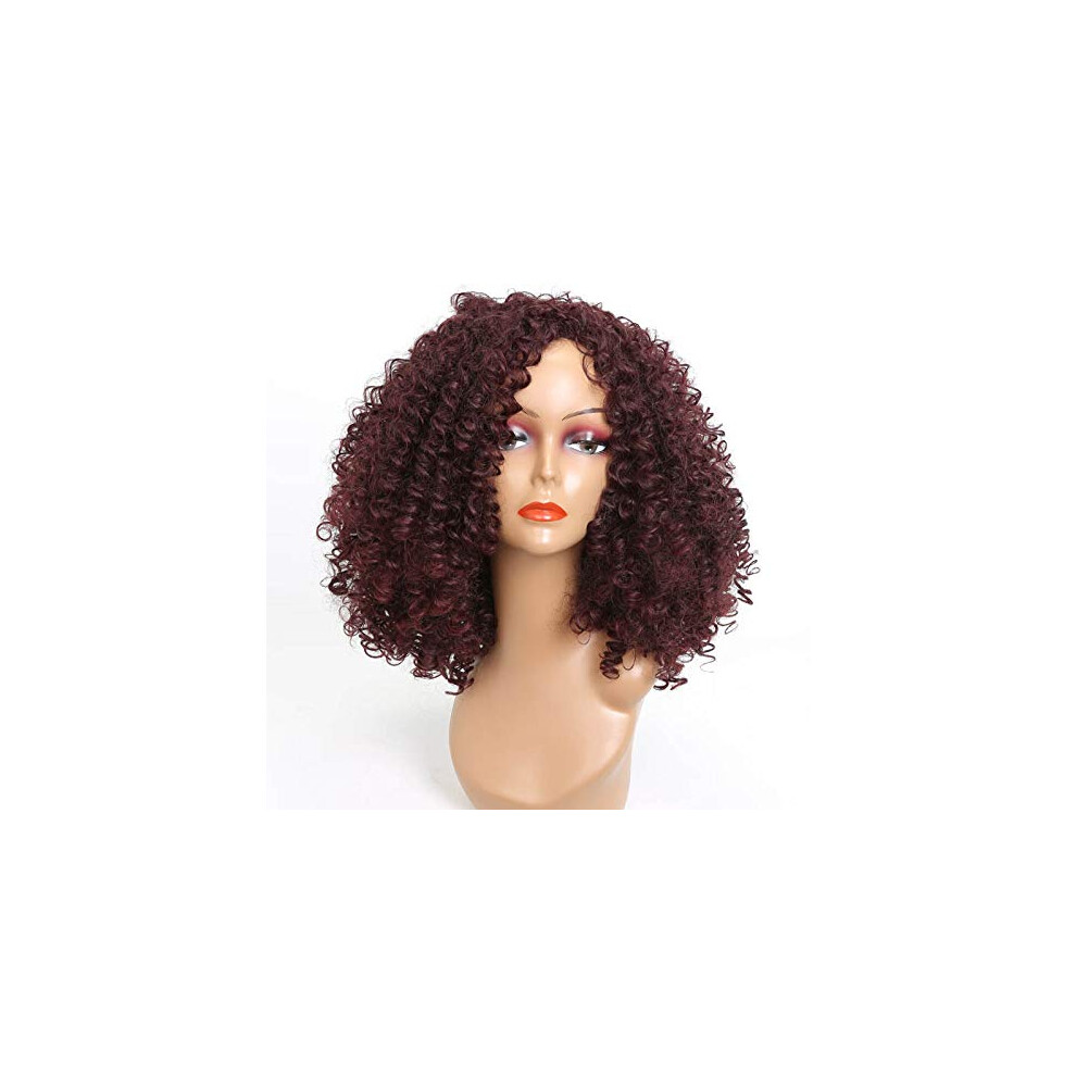 Unisex Black Kinky Curly Wig For Women With Blonde Highlights, Synthetic, Natural Curl, 16 Inches