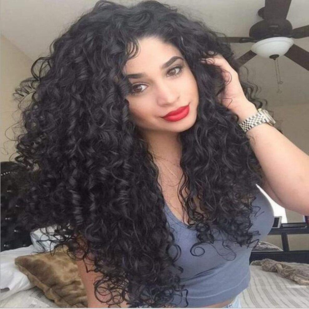 Unisex Black Afro Wigs For Women Long Kinky Curly Synthetic Wig 20Inch Heat Resistant With Cap