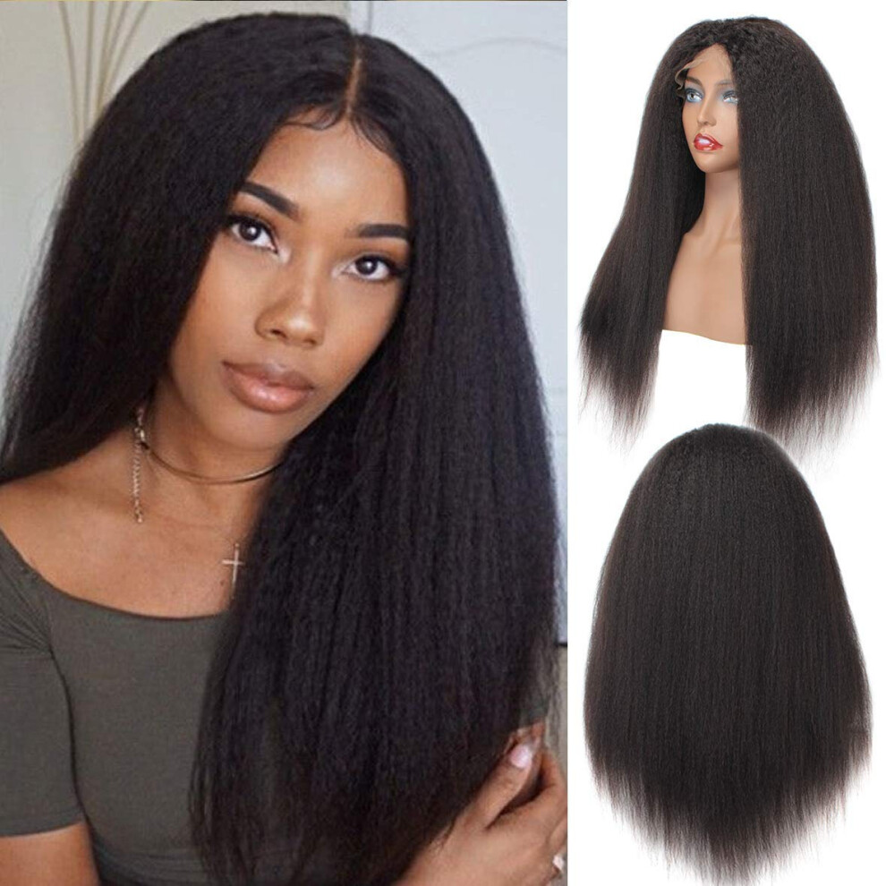 Unisex Kinky Straight Lace Front Wig 4X4 Closure Brazilian Virgin Hair 14In Glueless Natural Hairline