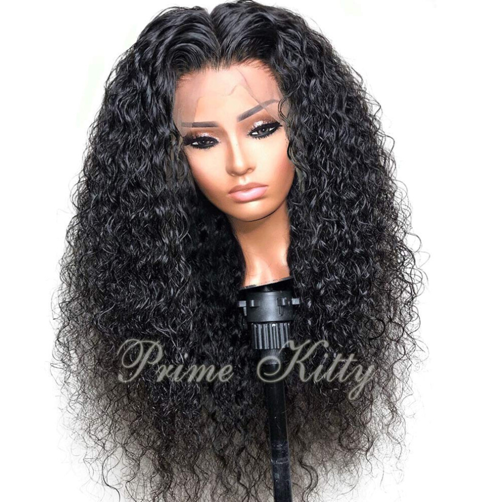 Unisex Deep Curly Lace Front Wig Human Hair Pre Plucked Hairline 150 Density 12 Inch Glueless Brazilian