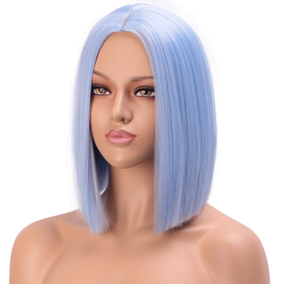 Blue Bob Wig for Women Heat Resistant Synthetic Straight Shoulder Length Vibrant Color