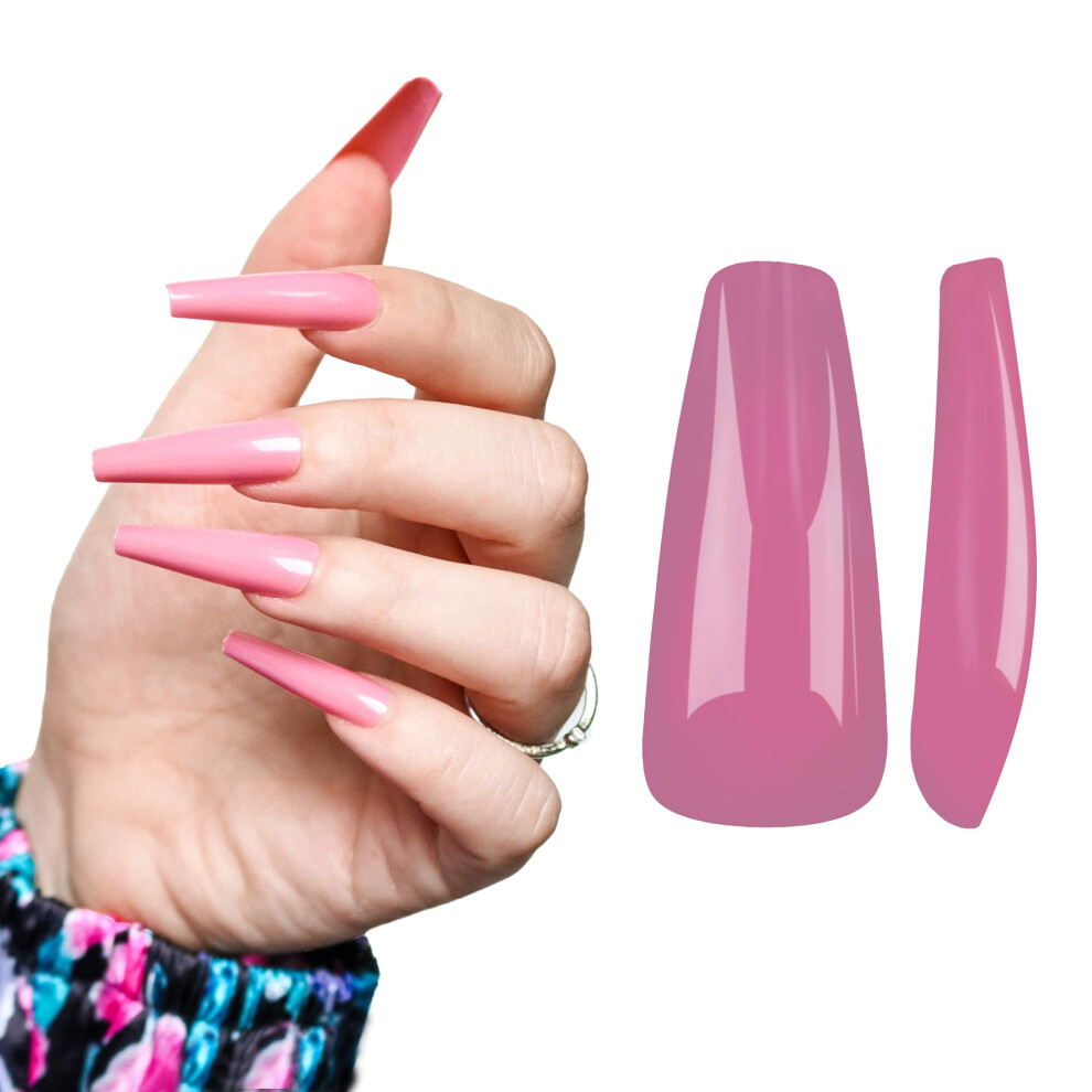 Rose Pink Ballerina Press On Nails Extra Long Glossy Full Cover Fake Nail Kit with Glue 20pcs