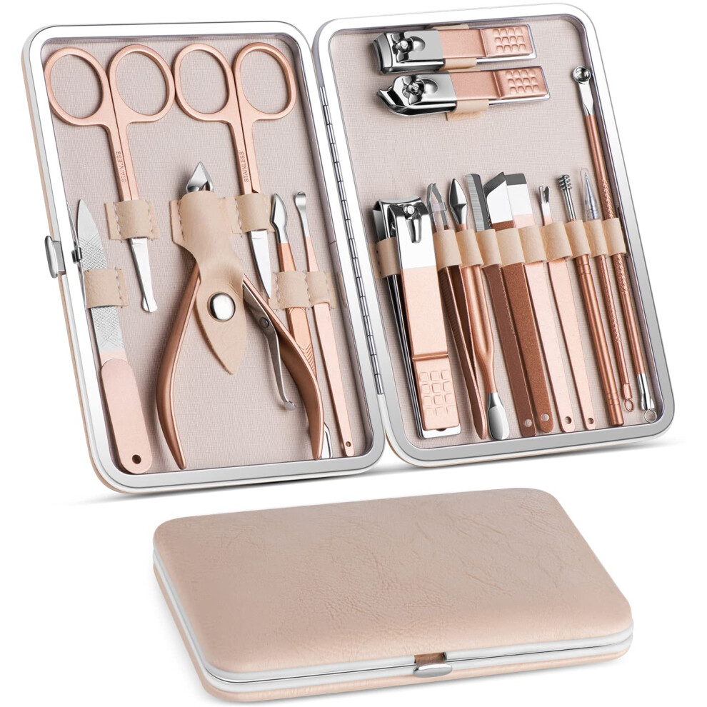 Manicure Pedicure Set 18âPiece Stainless Steel Grooming Kit with Leather Travel Case