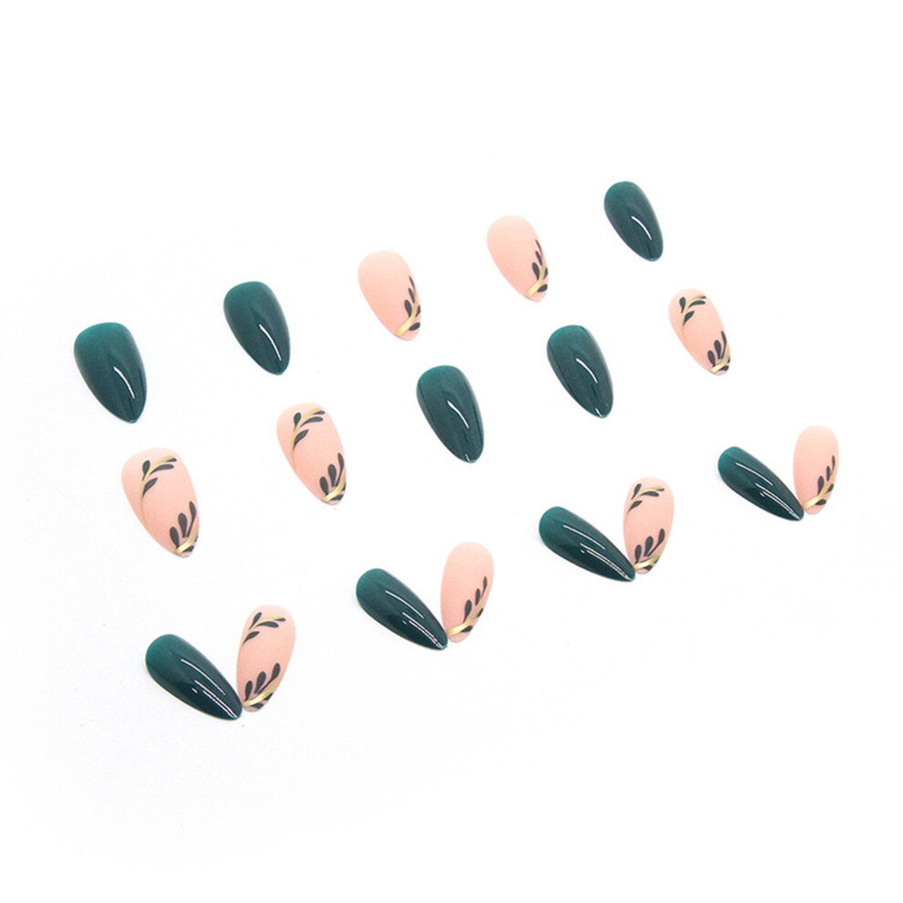 (13.3cm*6.7cm*1.3cm, Multi-color) Medium Almond Press On Nails Kit, Leaf Print 24 Gel Fake Nails with Nail Glue, 12 Sizes Reusable Soft Stick On Nails