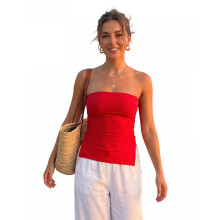 (M, Red) Women Tube Tops Solid Color Slit Strapless Tank Tops Summer Backless Bandeau Shirts Streetwear