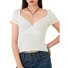 (M, White) Women's Summer Slim Crop Tops White Short Sleeve V Neck Side Split Short T-shirt