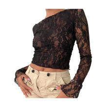 (S, Black) Women Crop Off-Shoulder Tops See-Through Lace Long Sleeve Shirt Casual Pullovers for Club Streetwear