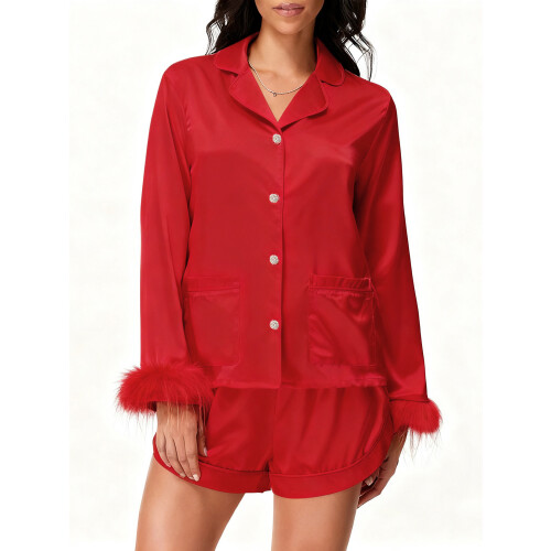(XL, Red) Conjunto de satén de moda