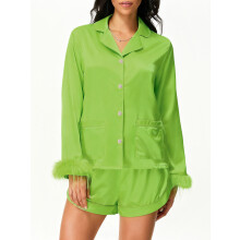 (M, Fluorescent Green) Conjunto de satén de moda