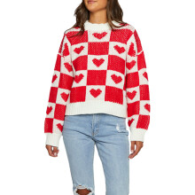 (S, Red) Women's Checker Heart Print Sweaters Long Sleeve Round Neck Loose Pullovers Knit Tops