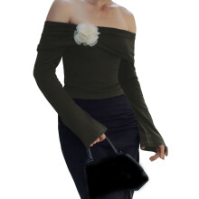 (S, Army Green) Women's Off Shoulder Cropped Tops 3D Mesh Flower Flare Long Sleeve Boat Neck Show Navel T-Shirts