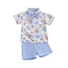 (18-24 Months, Blue) Ensemble 2 pièces garçon : T-shirt court et short carotte/lapin, idéal pour Pâques. Vêtements d'été.