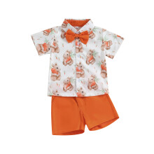 (18-24 Months, Orange) Ensemble 2 pièces garçon : T-shirt court et short carotte/lapin, idéal pour Pâques. Vêtements d'été.