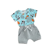 (9-12 Months, Blue) Completo neonato: maglietta corta con coniglietti e pantaloni con elastico, 2 pezzi.