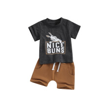 (18-24 Months, Dark Grey) Ensemble d'été bébé : T-shirt lettres et lapins + short uni, parfait pour Pâques