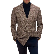 (L, Champagne) Men's Autumn Suit Jacket V-Neck Long Sleeve Two Button-Down Houndstooth Pattern Casual Fashion Comfortable Blazer